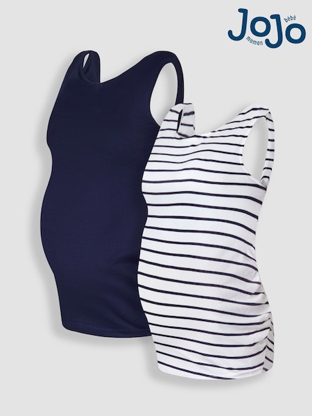 JoJo Maman Bébé Navy Blue & White Navy Blue Stripe 2-Pack Ruched Maternity Vest Tops (739191) | £30