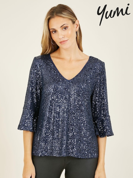Yumi Blue Sequin Top With Fluted Sleeve (739294) | £45