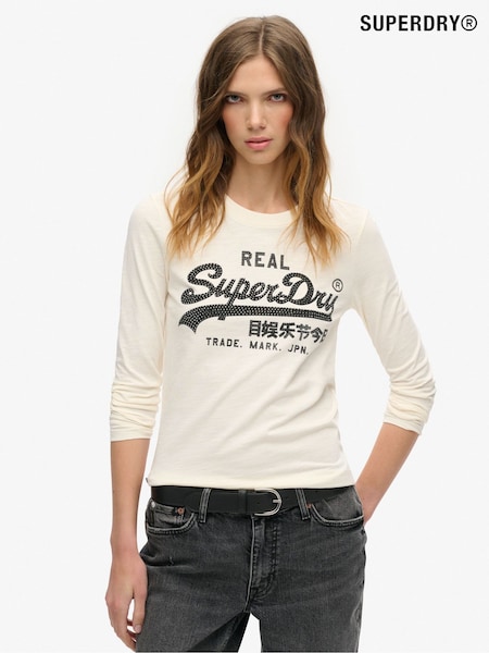 Superdry Cream Slub 100% Cotton Embellished Vl Graphic Long Sleeve Top (740570) | £35
