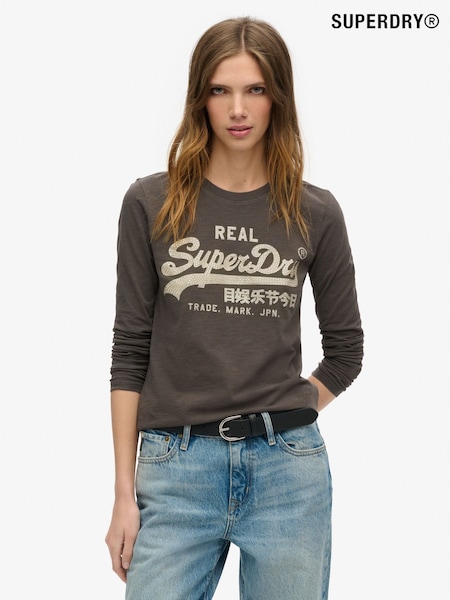 Superdry Vintage Black Slub 100% Cotton Embellished Vl Graphic Long Sleeve Top (740800) | £35