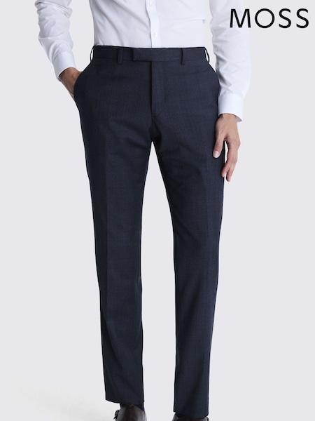 MOSS Navy Blue Tailored Fit Milled Check Suit Trousers (744645) | £110