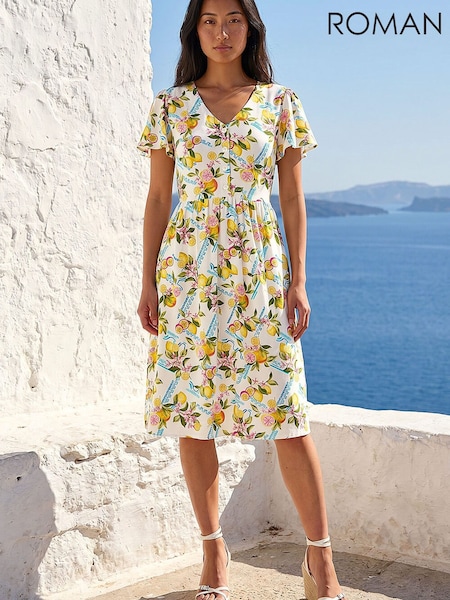 White - Roman Petite Lemon Print Pocket Dress
