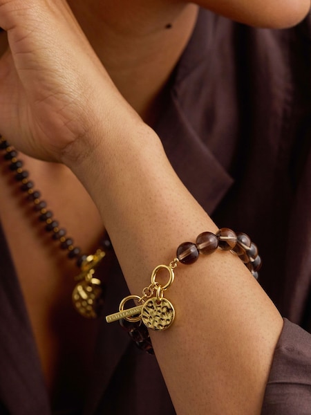 Gold Tone - The Edit By Estella Bartlett Chunky Smokey Quartz With Hammered Disc Charm Bracelet