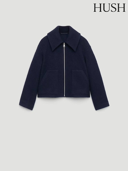 Blue - Hush Pure Wool Boucle Wide Collar Zip Jacket