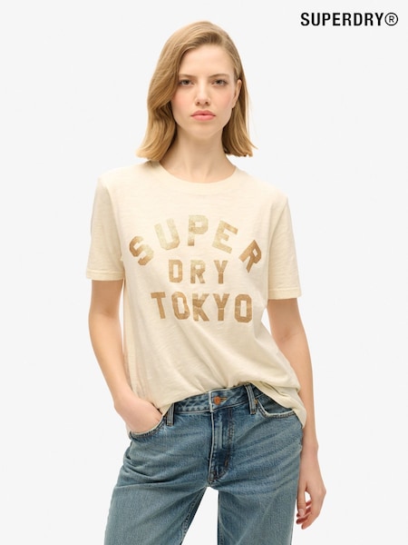 Superdry Cream Slub Glitter Logo Relaxed T-Shirt (754117) | £30