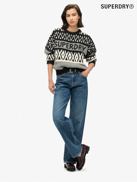 Superdry Black/Ecru Branded Pattern Crew Jumper (761316) | £60