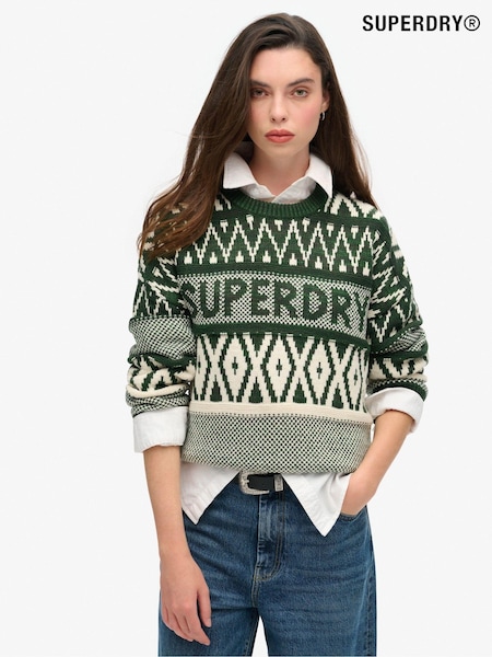 Superdry Darkest Pine Green Branded Pattern Crew Jumper (761655) | £60