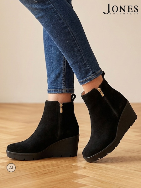 Black Suede - Jones Bootmaker Memento Leather Wedge Heel Ankle Boots