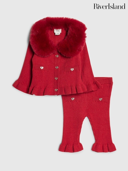 Red - River Island Faux Fur Collar Cardigan & Leggings Set