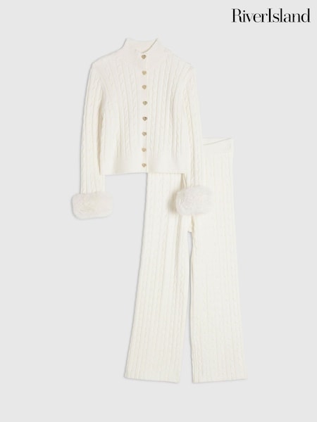 Cream - River Island Faux Fur Cuff Martini Top & Trousers Set