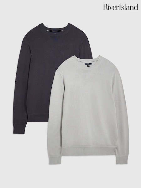 Grey - Regular River Island Essential Slim Fit Crew Neck Jumpers 2 Pack