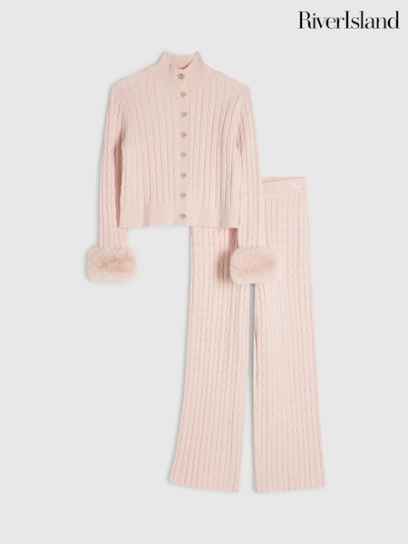 Pink - River Island Faux Fur Cuff Martini Top & Trousers Set