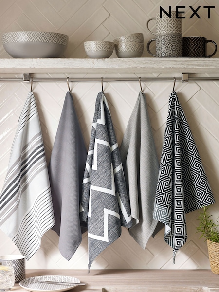 Set of 5 Grey Geo 100% Cotton Tea Towels (763072) | £16