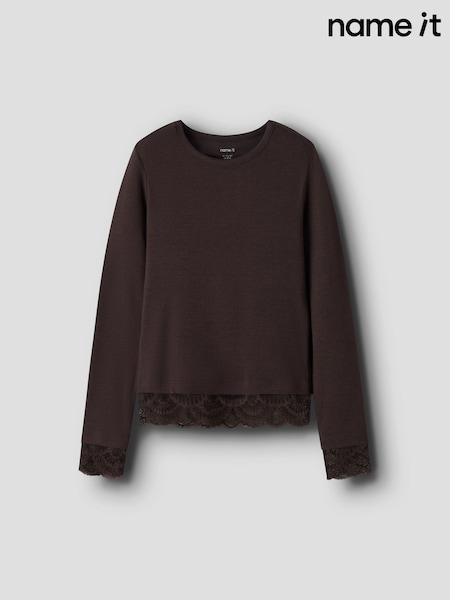 Brown - Name It Lace Trim Long Sleeve Top