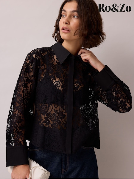 Black - Ro&zo Lace And Satin Trim Shirt