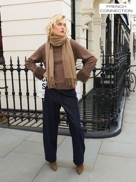 Brown - French Connection Moana Fur Trim Slv Jumper
