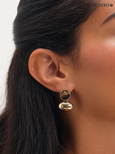 Gold Tone - Jon Richard Tigers Eye And Polished Drop Earrings