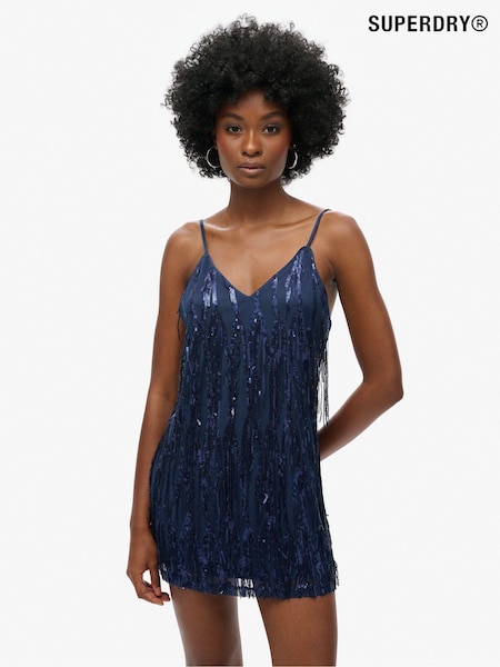 Superdry Navy Sequin Fringe V-Neck Cami Mini Dress (767784) | £80