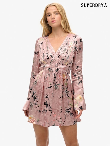 Superdry Blush Floral Japanese Shadow Flare Sleeve Jacquard Mini Dress (767786) | £110