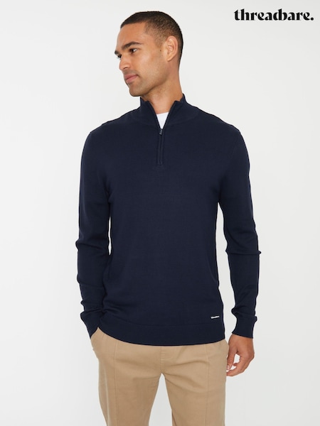 Threadbare Navy Funnel Quarter Zip Knitted Jumper (768209) | £24