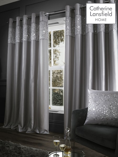 Catherine Lansfield Grey Glitzy Sequin Eyelet Lined Curtains (768295) | £42 - £63