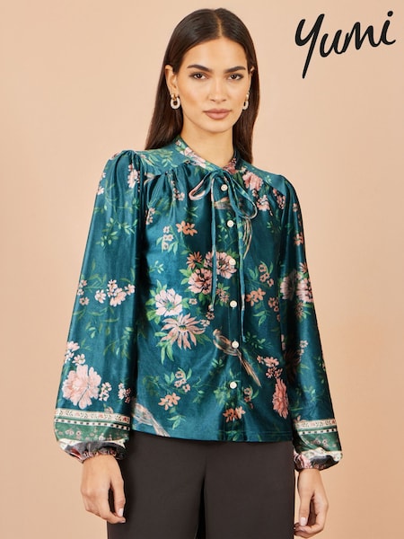 Green - Yumi Floral Velvet Blouse With Tie Neckline