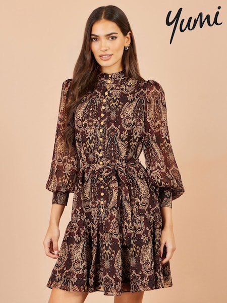 Brown - Yumi Paisley Long Sleeve Shirt Dress