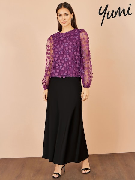 Purple - Yumi Sheer Sleeve Appliqué Flower Top