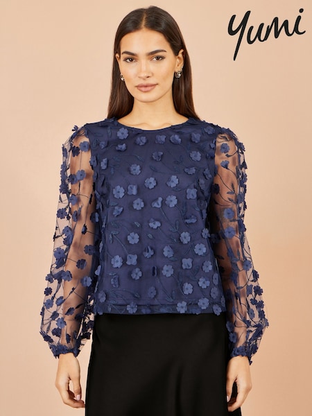 Blue - Yumi Sheer Sleeve Appliqué Flower Top
