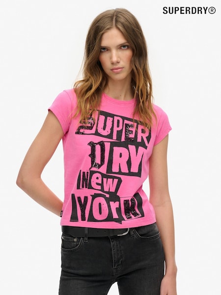 Superdry Sweet Fuschia Pink 100% Cotton Embellished Punk Cap Sleeve T-Shirt (770874) | £30