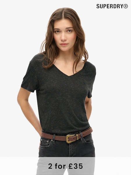 Superdry Black Metallic Studios Slub Embroidered V-Neck Relaxed T-Shirt (771294) | £20