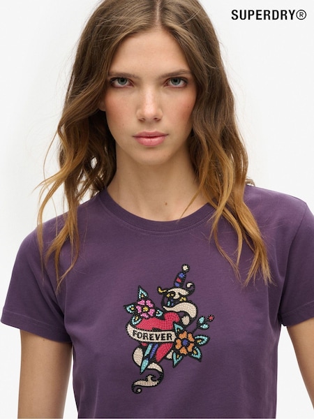Superdry Soot Purple Small 100% Cotton Tattoo Rhinestone Fitted T-Shirt (771714) | £30