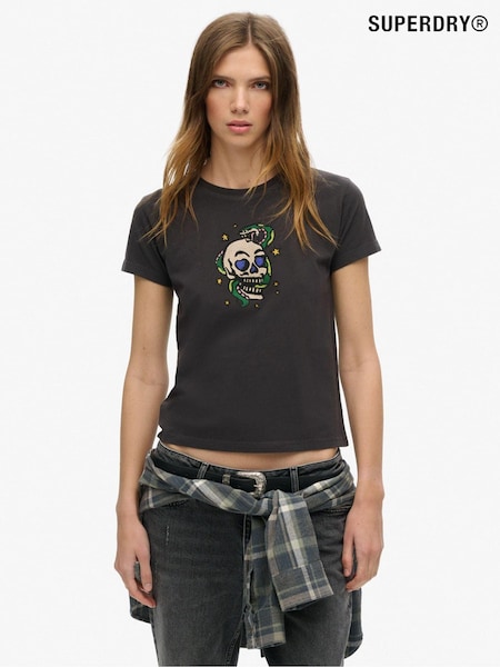 Superdry Bison Black Small 100% Cotton Tattoo Rhinestone Fitted T-Shirt (772004) | £30