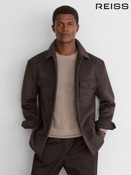 Brown Check - Regular Reiss Liam Wool-blend Twin-pocket Overshirt