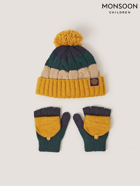 Yellow - Monsoon Colourblock Beanie Hat & Gloves Set