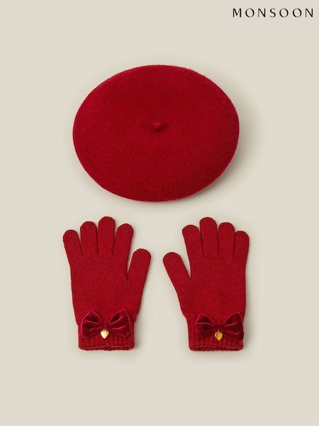 Red - Monsoon Velvet Bow Beret & Gloves Set