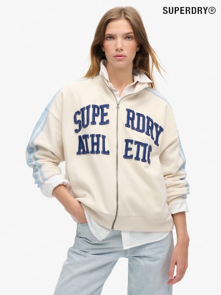 Superdry Turtledove Cream 100% Cotton Athletic Applique Loose Zip Track Jacket (774756) | £65
