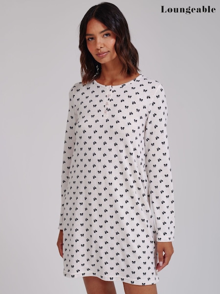 White - Loungeable Bow Marl Brushed Knit Long Sleeve Nighties