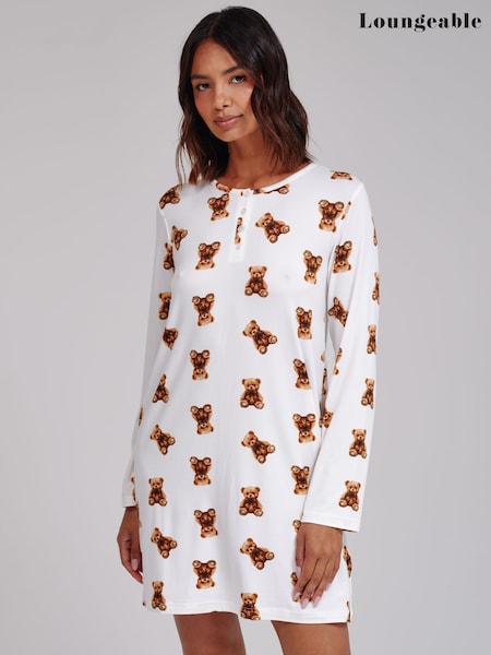Cream - Loungeable Teddy Bear Super Soft Long Sleeve Henley Nighties