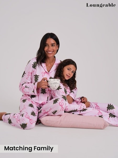 Pink - Loungeable Christmas Bow Stripe Super Soft Long Sleeve Button Through Pyjamas Set