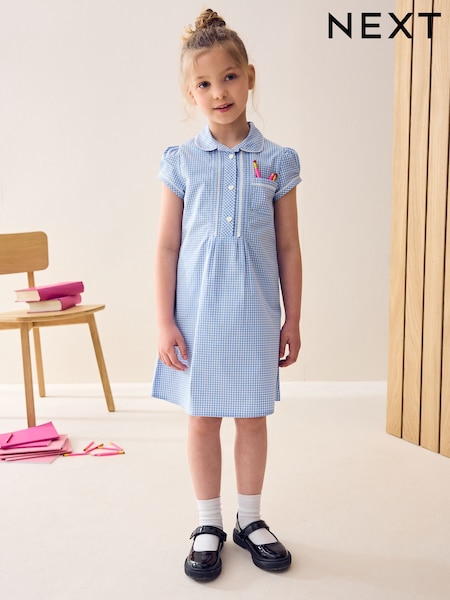 Blue Cotton Rich Button Front Lace Gingham School Dress (3-14yrs) (776822) | £8.50 - £11.50