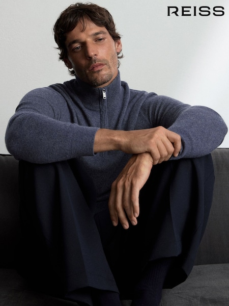 Denim Melange - Regular Reiss Royal 100% Cashmere Half-zip Jumper