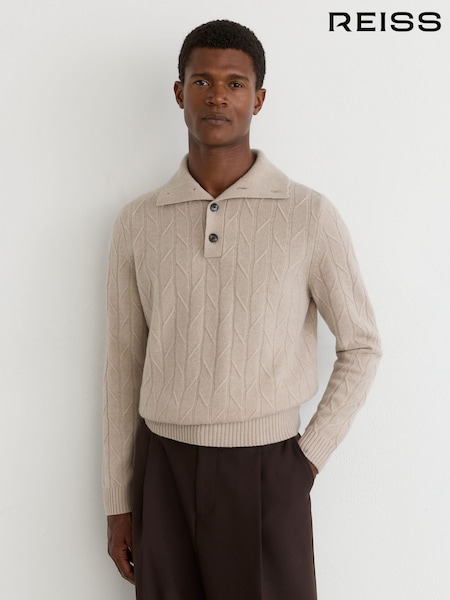 Oatmeal - Regular Reiss Littleton Wool Stitch-detail Half-button Jumper