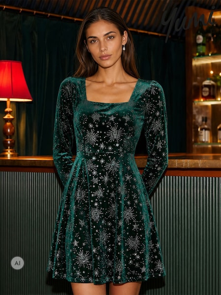 Green - Yumi Starburst Foil Skater Dress