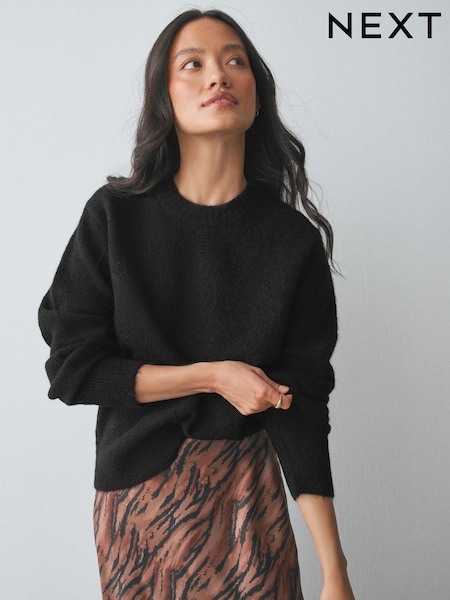 Black - Long Sleeve Crew Neck Knitted Jumper With Wool