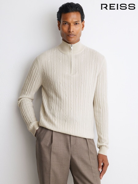Parchment Grey - Regular Reiss Howard Cashmere Cable-knit Half-zip Jumper