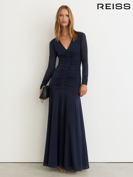 Navy - Reiss Cathy Ruched Mesh Long-sleeve Maxi Dress