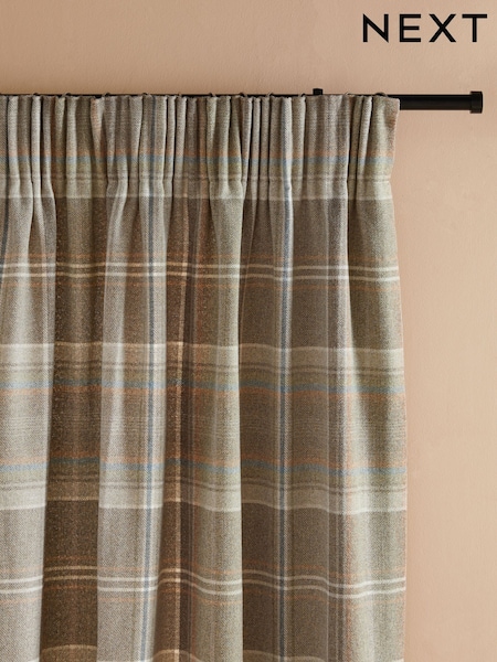 Green/Natural Brushed Check Pencil Pleat Lined Curtains (784326) | £60 - £130