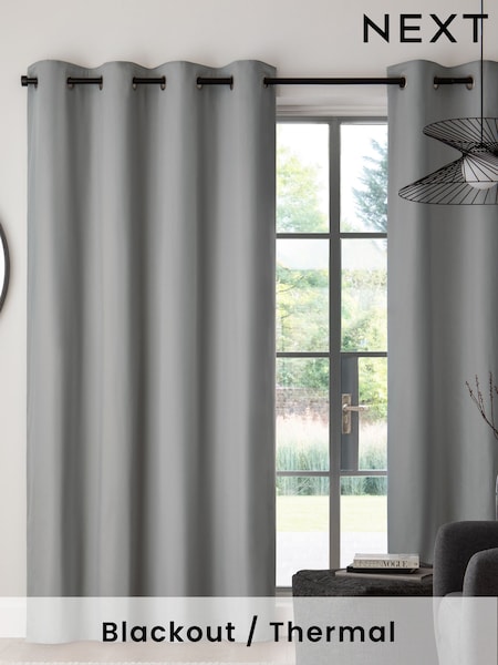 Grey Silver Blackout/Thermal Cotton Eyelet Curtains (784469) | £40 - £105