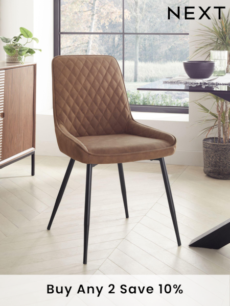 Set of 2 Arona Faux Leather Caramel Brown Hamilton Black Leg Quilted Dining Chairs (785040) | £260